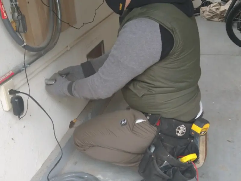 Electrician performing outlet wiring in a Malden garage